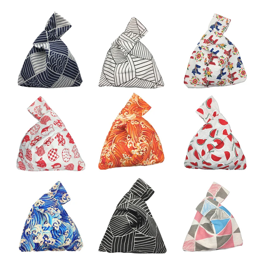 Eco Mini Portable Japanese Style Wrist Pouch Bag Sleeve Knot Cotton Canvas Simple Wrist Knot Bag Women