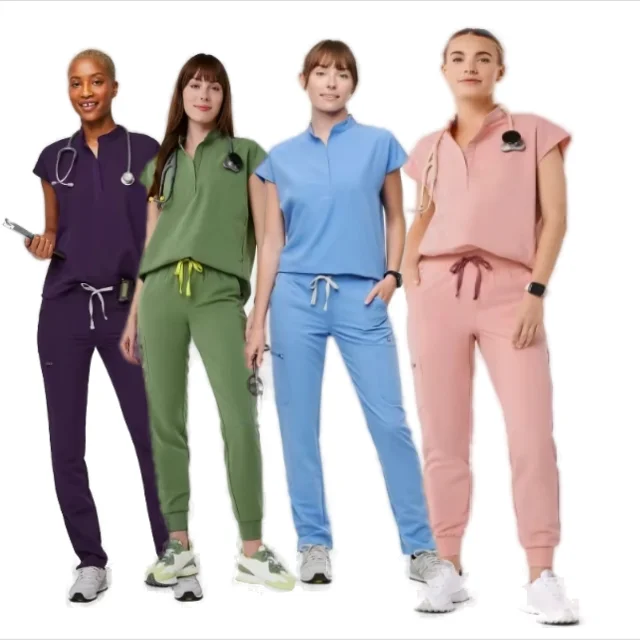Set of Unisex Woven Medical Scrub Suits Short Sleeve Nurse and Doctor Uniforms OEM Printed Surgical Clothing for Hospitals