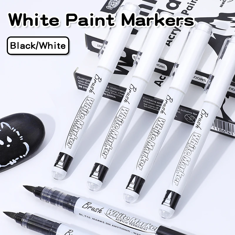 Black and White Soft Brush Tip Permanent Acrylic Paint Pens for  Drawing