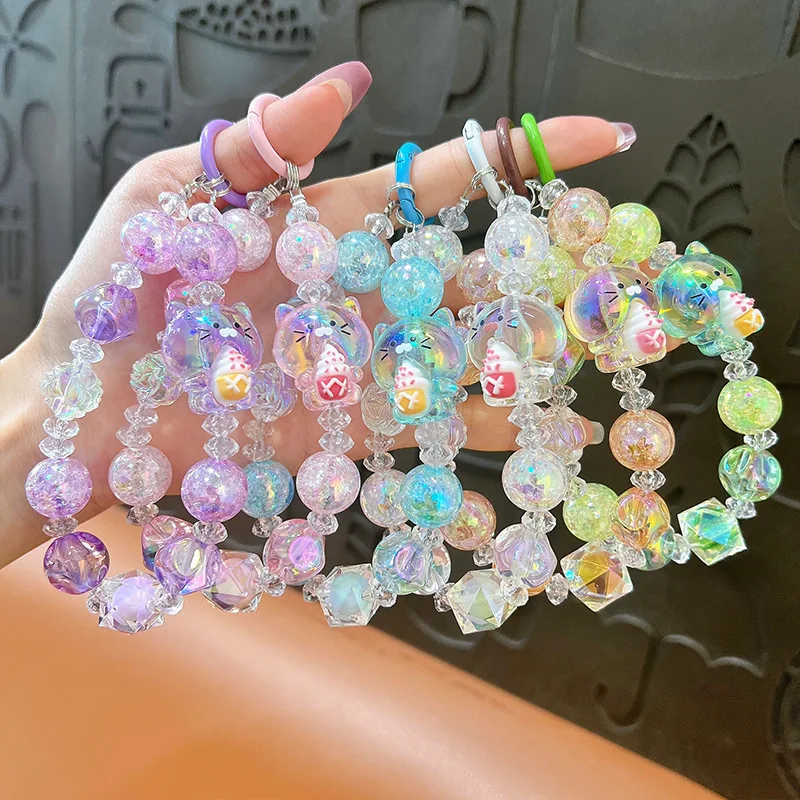 Wholesale  Keychain Beaded acrylic phone chain bracelet Cartoon Keyring Wholesale Gift Soft Keyholer Own Logo Keychains