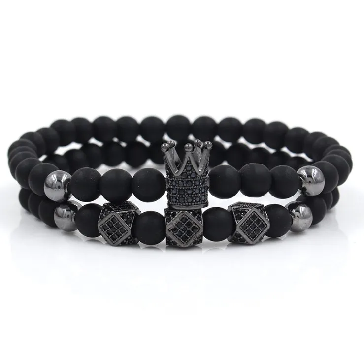 2020  New Style Men 2 Set  Black Bead Royal Crown With CZ Charm Bracelet