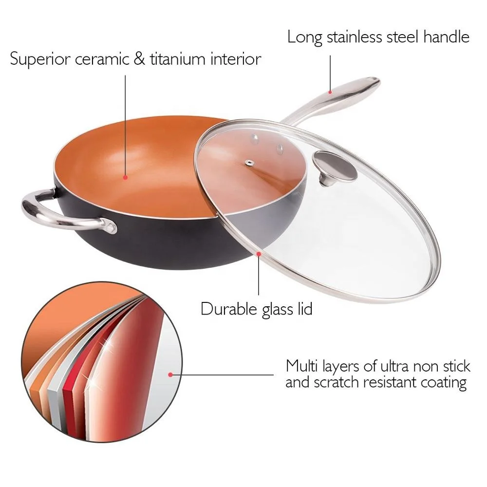 5 Quart Nonstick Copper Ceramic Wok and Stir Fry Pans With Lid, Frying Basket & Steam Rack