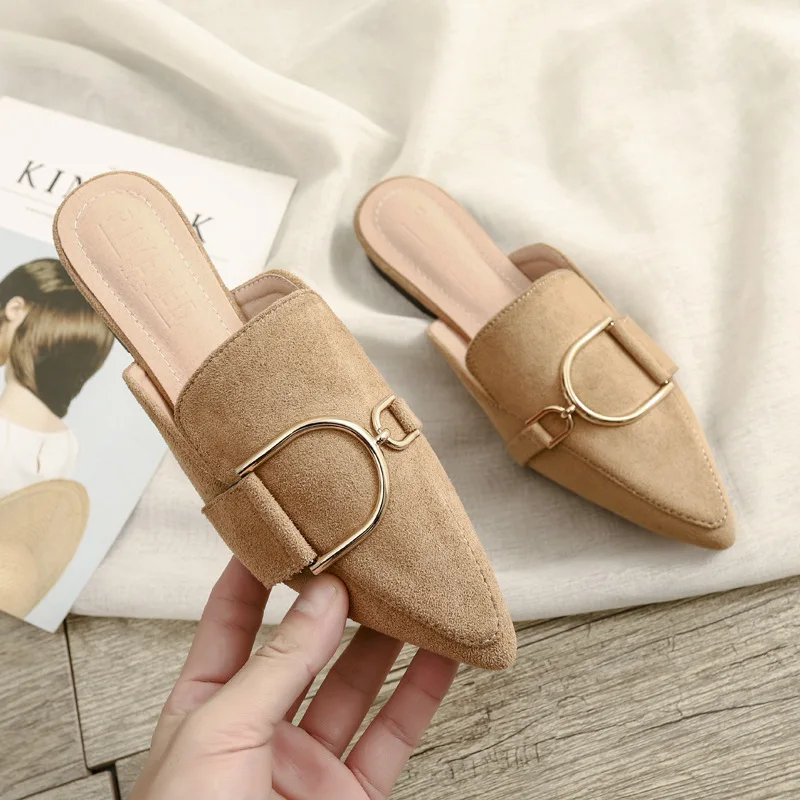 
The New Listing Spring Pointed Toe Slippers Ladies Outdoor Suede Mules Flat Shoes Fashion Causal Woman Shoes 