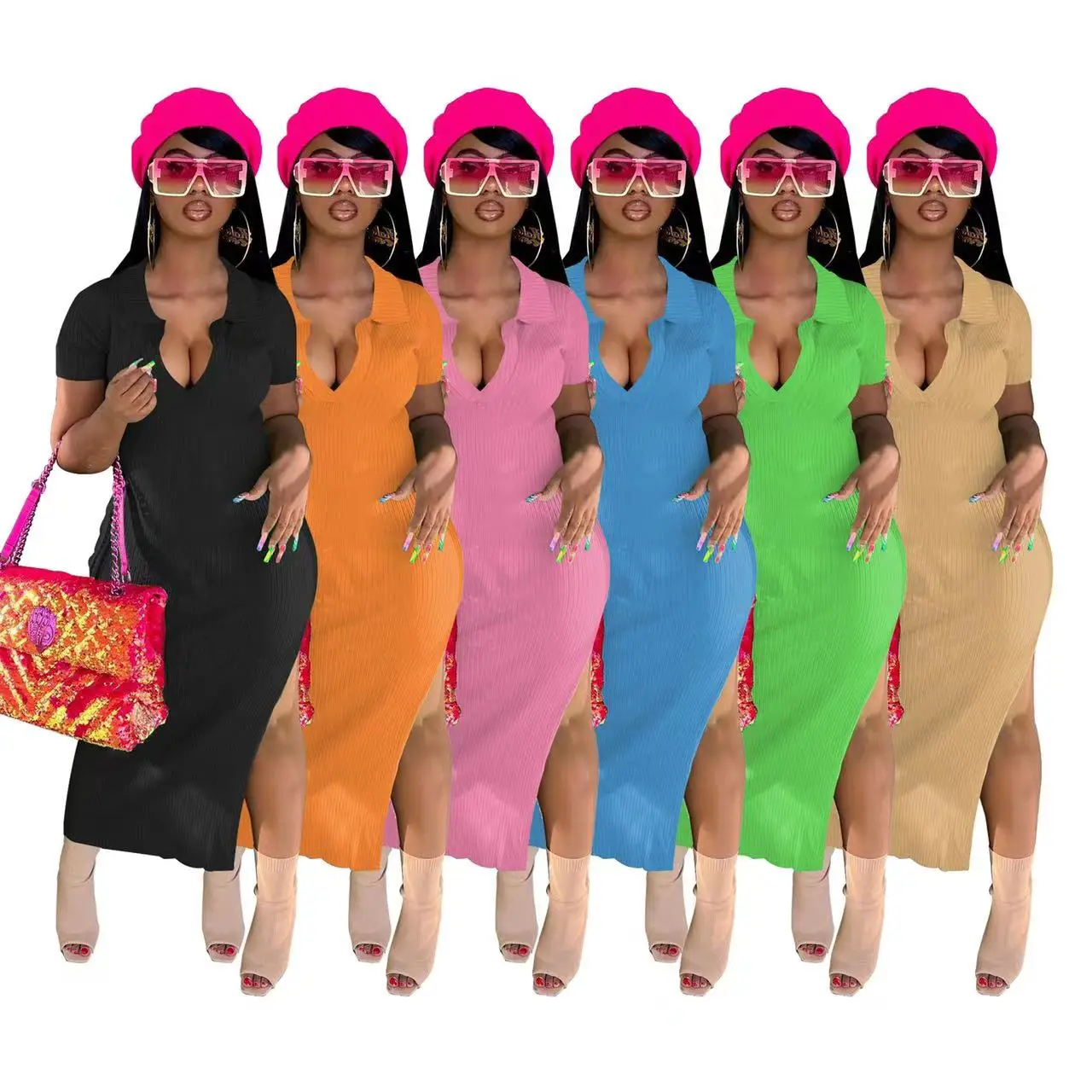 Amazon New Fashion Sexy Pit Stripe Solid Color Dress Ladies Gorgeous Summer Short Sleeves Long Dresses