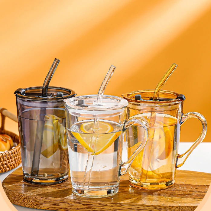 High temperature resistant crystal white material glass water cup fashion handle cup straw cup
