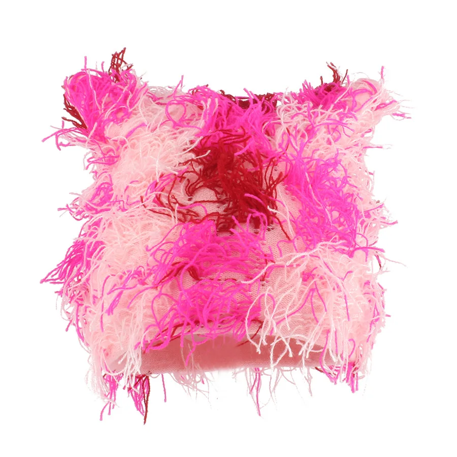 Новинка, модные теплые акриловые разноцветные вязаные шапки с кошачьими ушками на заказ, смешные сумасшедшие пушистые зимние шапки с кисточками