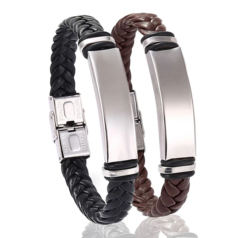 Blank Braid Black Personalized Logo Titanium Plate Men Cuff Custom Stainless Steel Braided Engraved Bangle Leather Bracelet