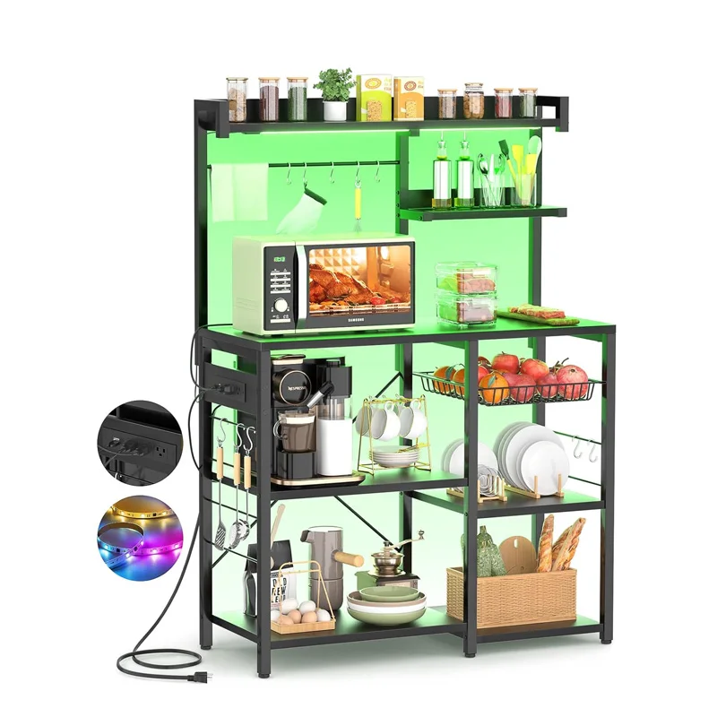 Entryway Living Room Bakers Rack LED Light Strings Microwave Oven Stand Wire Basket Coffee Bar Station Kitchen Storage Shelf