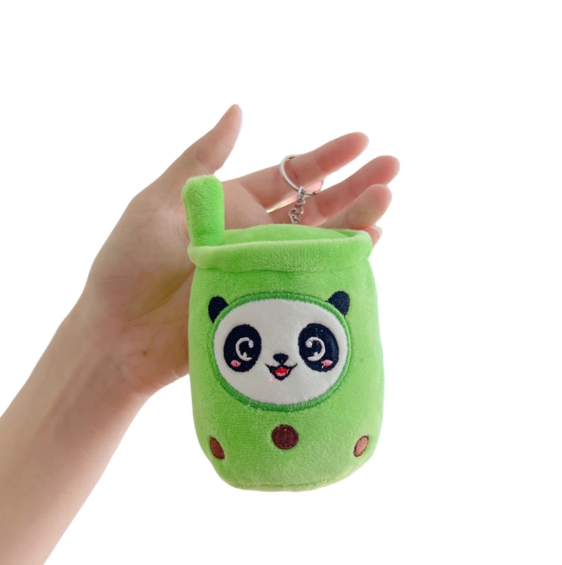 Cute smiley face panda milk tea cup plush key chain toy key accessories key chain small gift plush toy key chain