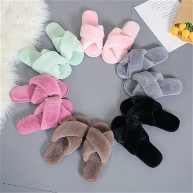 Winter Women Home Slippers Faux Fur Household Slipper Open Toe Warm Indoor Shoes