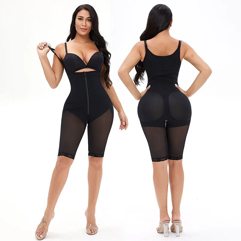 2021 New Sling Plus Size Shapers Breathable Solid See Through Women Jumpsuit Breasted Zipper Corset