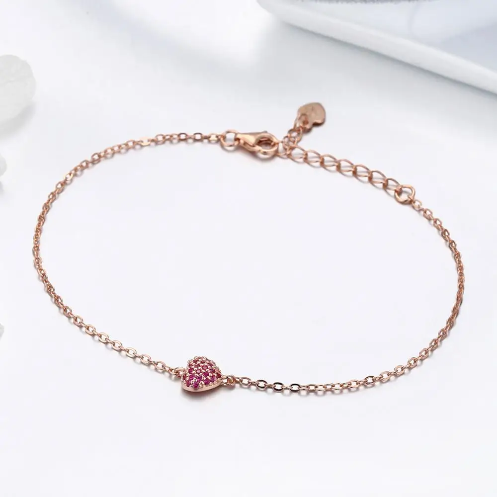 Fancy S925 silver rose gold lady bracelet with zircon heart charm bracelet