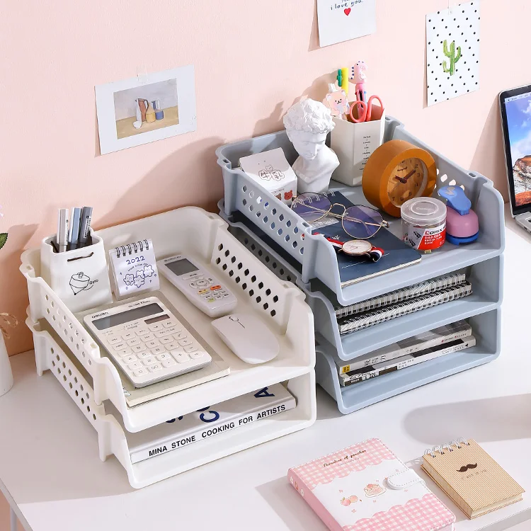Office Desk File Rack for Stationery Sundries Books Plastic Storage Box Stackable for Office Use