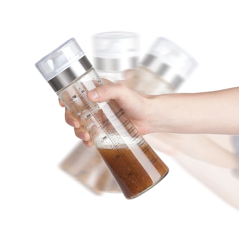 clear glass salad dressing container bottle and cover with recipes and measuring scale oil dispenser 550ml