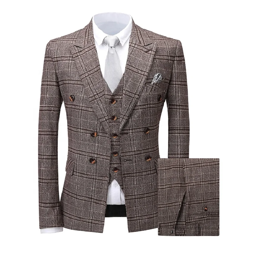 Custom Slim Fit Tweed Wool Business Plaid Design Wedding Groom 3 Piece Suits Set For Men