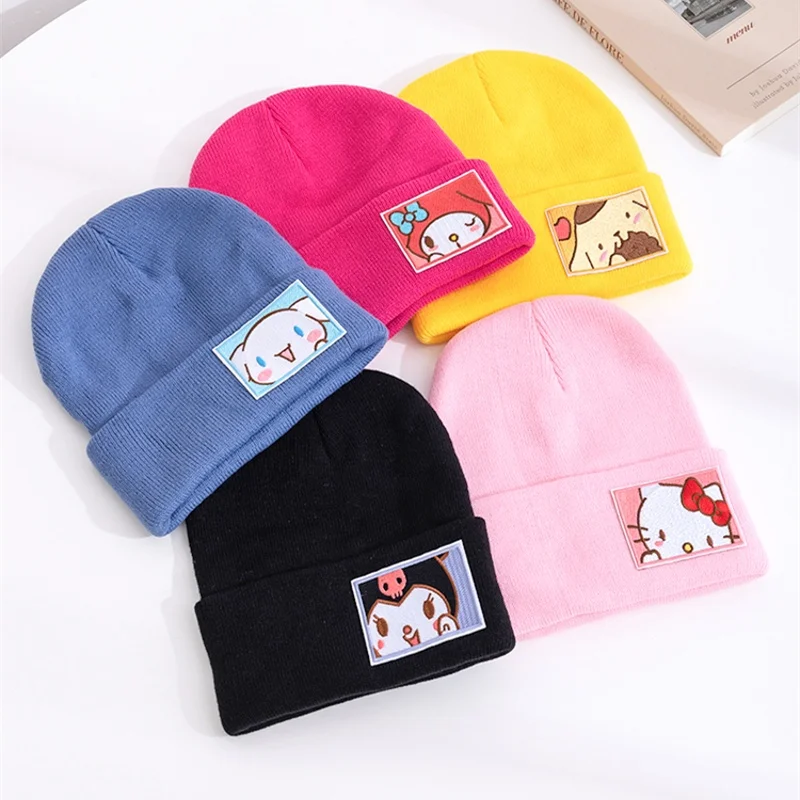Hot Sale Saniro KT Cat Beanie Hat Candy Color Winter Hat Women Cute Cartoon Cinnamoroll Melody Kuromi Winter Knitted Hat