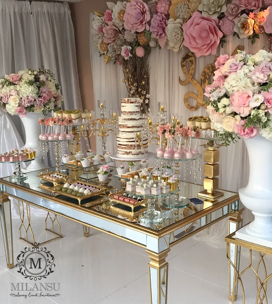 Зеркальные стеклянные прямоугольные обеденные столы и стулья для свадебного торжества ресторана вечеринки