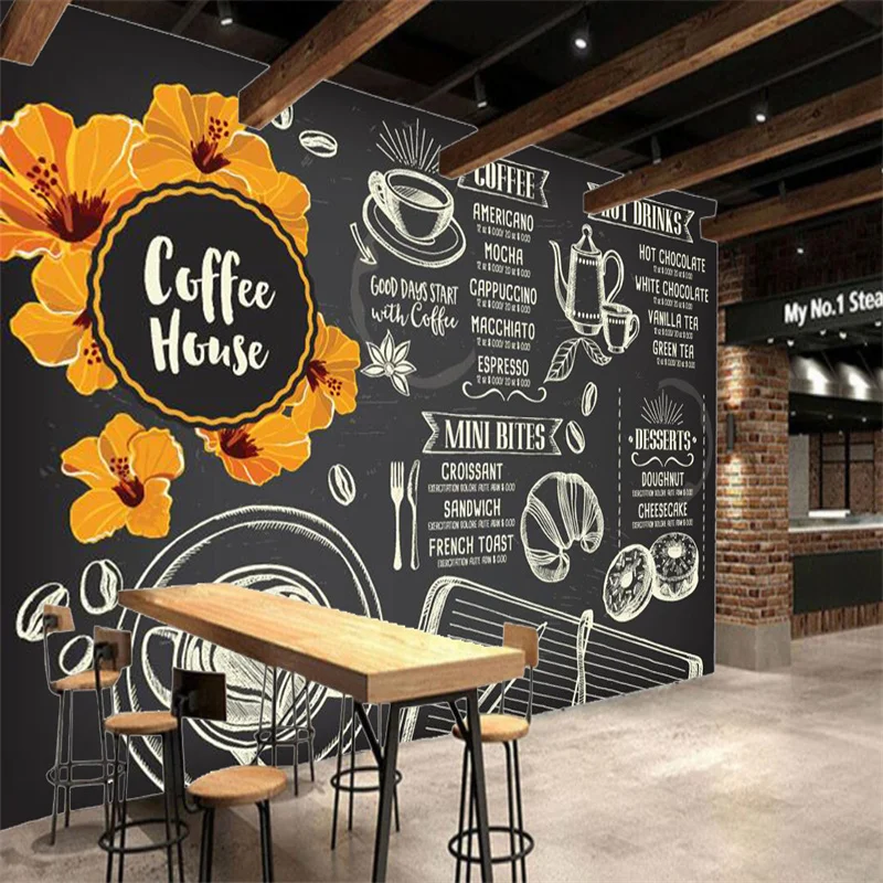 KOMNNI Hand Painted Coffee Wallpaper Industrial Decoration Mural Restaurant Cafe Afternoon Tea Cake Shop Background Wallpaper
