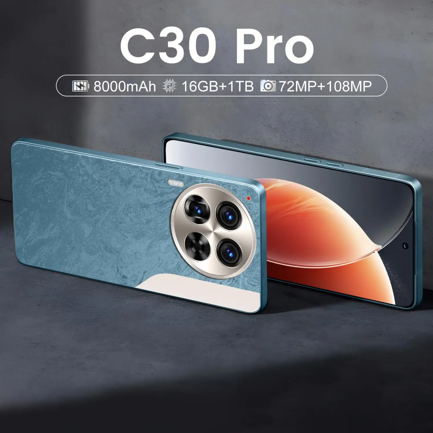 2024 New C30 Pro Smartphone 6.54' 2K Android 3500mAh Global Gaming Phone with Dual SIM 256GB ROM LTE/CDMA Mobile Phone
