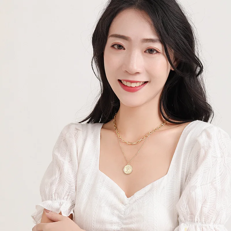 Laodun Statement Unique Design Jewelry Most Popular Products Face Portrait Pattern Cross Pendant Layered Women Necklace