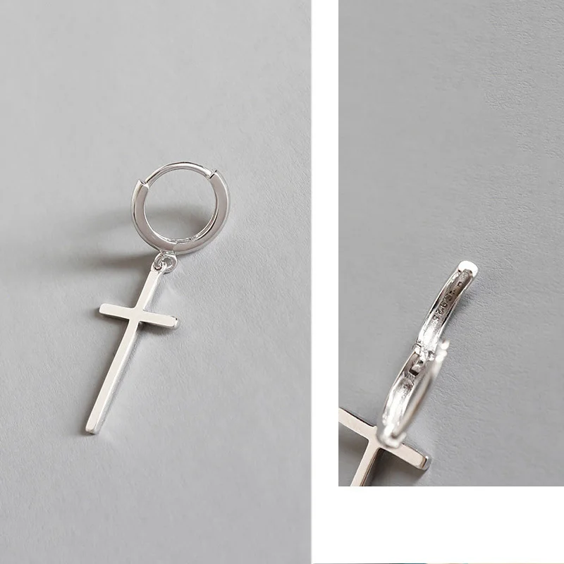925 Sterling Silver Cross Huggie Hoop Earrings Minimalist Cross Charm Dangle Drop Earrings Dainty Cross Hoop Earrings Women Men