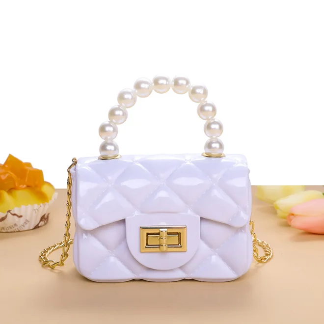 
KS4118 Multi colors kids pvc mini bag wholesale pearl handle girls kid jelly bag 