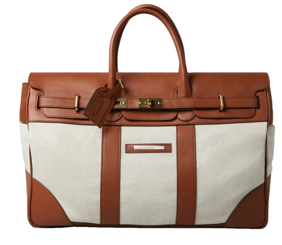 High Quality Unisex Leather Cotton Linen Weekender Duffel Bag Custom Portable Luggage Zipper Shoulder Tote Bag for Sports Travel
