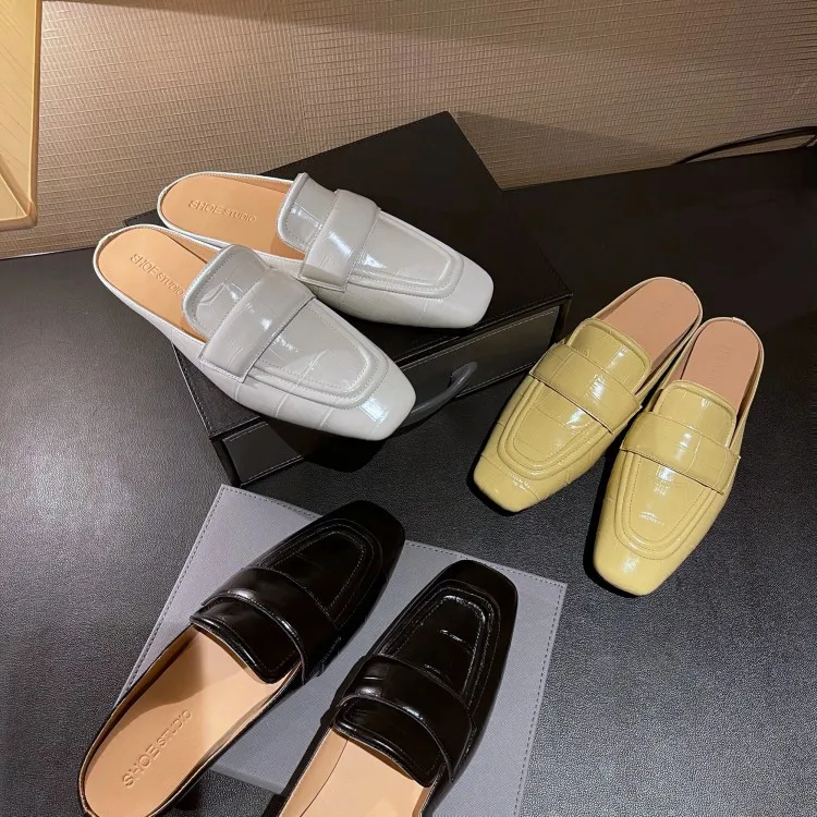 Xinzirain High Quality Summer Flat Mules Loafer Shoes for Women Square Toe Full Leather Soft Sole Private Label Slide Clog Girls