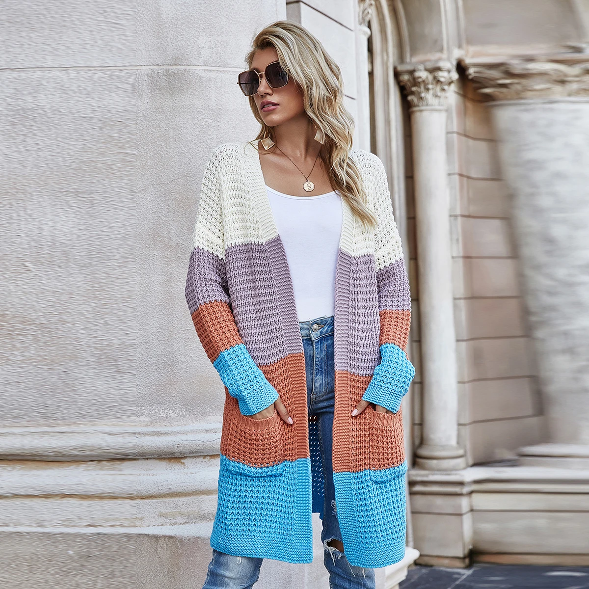Amazon Hot Selling Autumn Winter Knit Cardigan Colorful Plus Size Striped Sweater Women