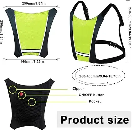 Custom Logo USB High Visibility Reflective Safety Vest with Red LED Flashing Light in the Back Running Warning Safety Vest