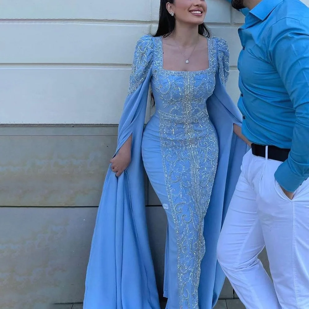 Blue Cape Sleeves Mermaid Arabic Beaded Evening Dresses 2023 Serene Hill LA72050 Formal Gowns for Women Wedding Party