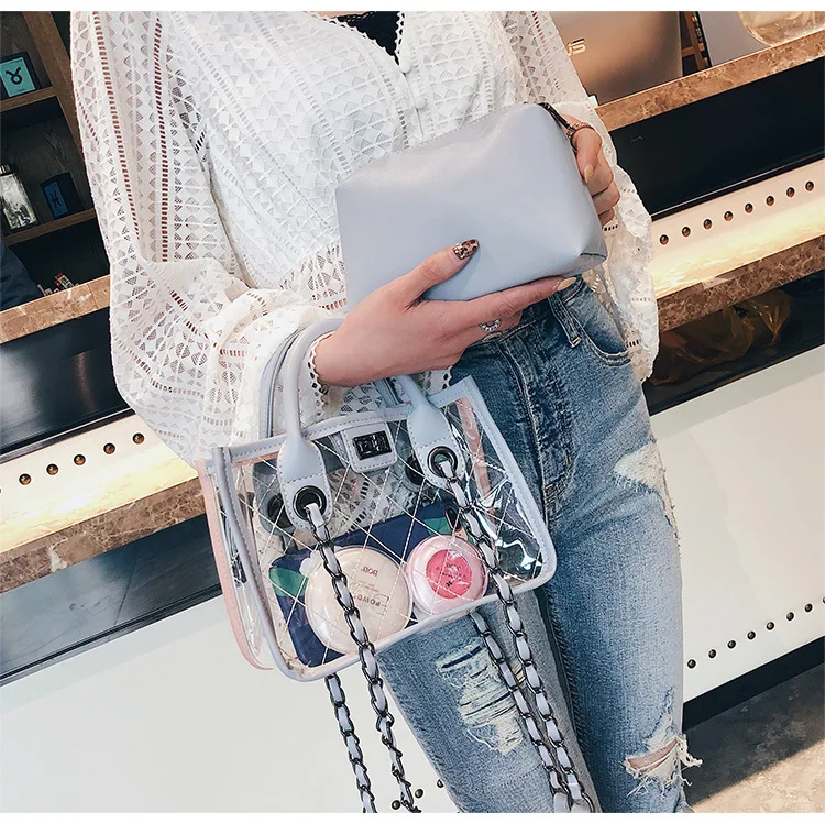 Eco Vegan Pu Leather Stylish Ladies Clear Jelly Clutch Purse Shoulder Bag Tote Transparent Handbags Sets 2 In 1 For Women