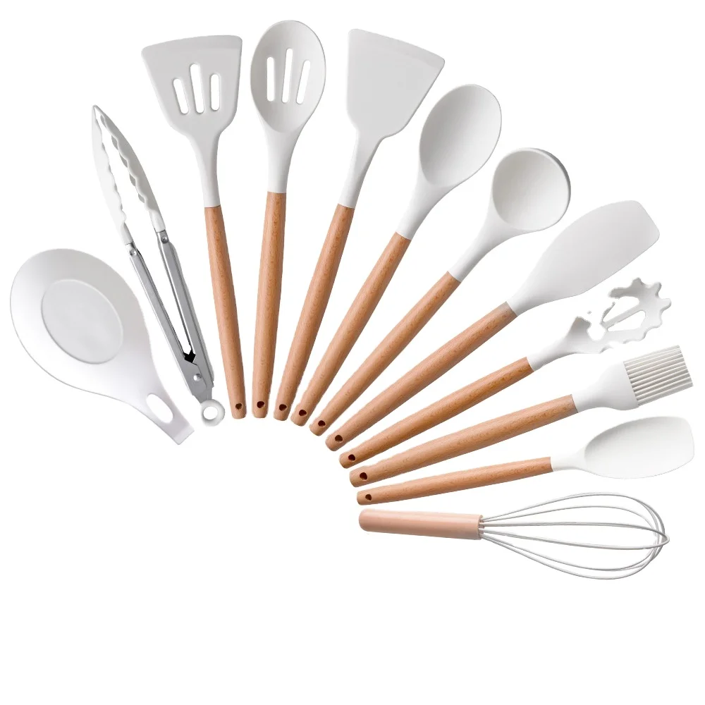 Heat Resistant Kitchen Silicone Cooking Spoons Utensil Set Non-Stick Silicone Kitchen Utensils with Wood Handle