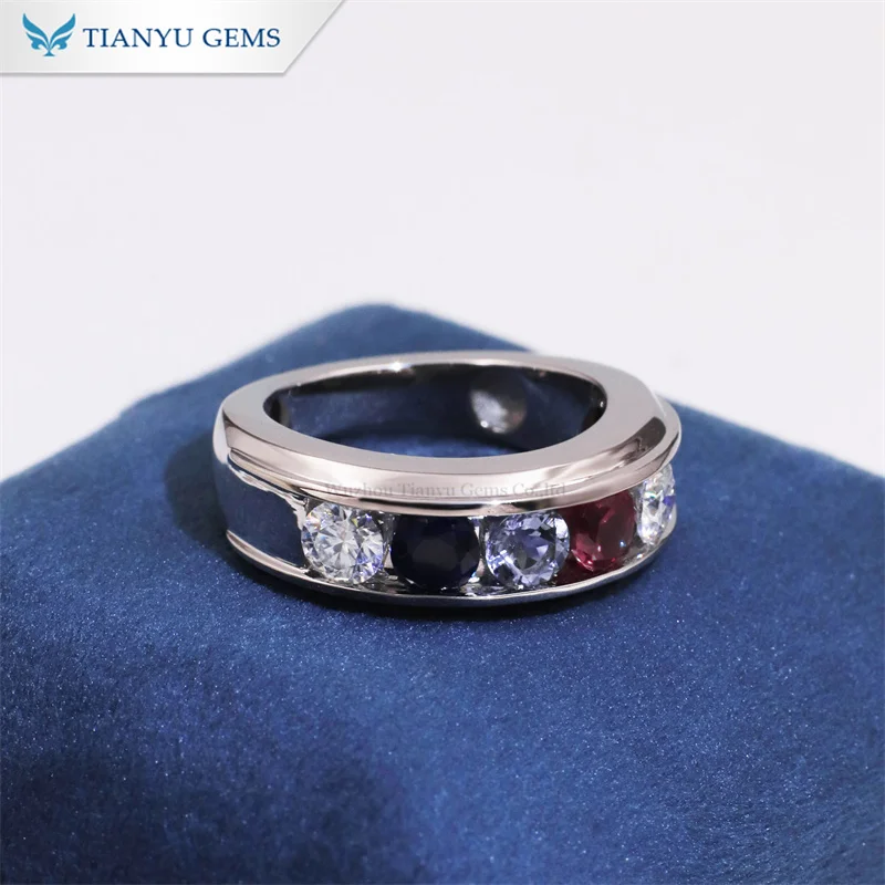 Tianyu gems private custom make round cut colorful ruby purple blue sapphire and moissanite 4.5mm Platinum rings for men