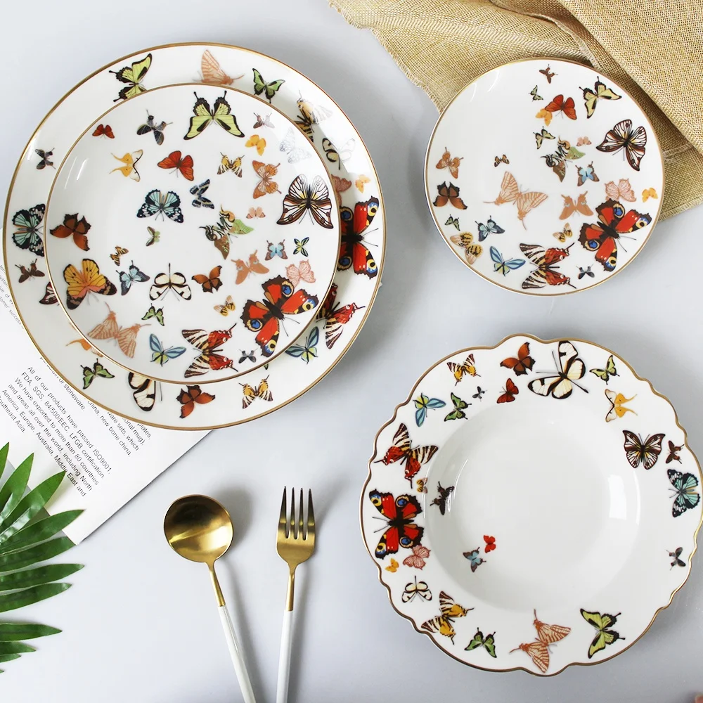Оптовая продажа керамическая тарелка с цветными бабочками фарфоровый обеденный набор для свадьбы ресторана дома