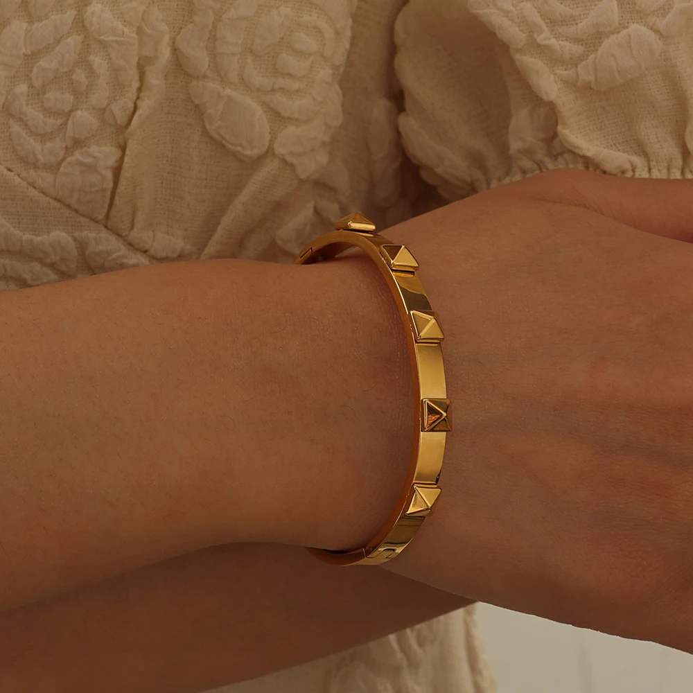 Pyramid Gold Color Charms Bangle Geometric Jewelry Stainless Steel Rivet Bracelets for Women Fashion Sets