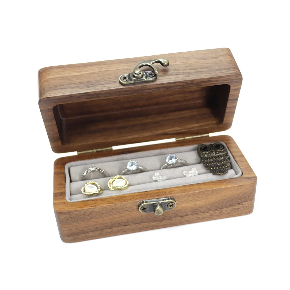 Retro Walnut Cow Nose Lock Jewelry  Storage Box Ring Holder Earrings Box