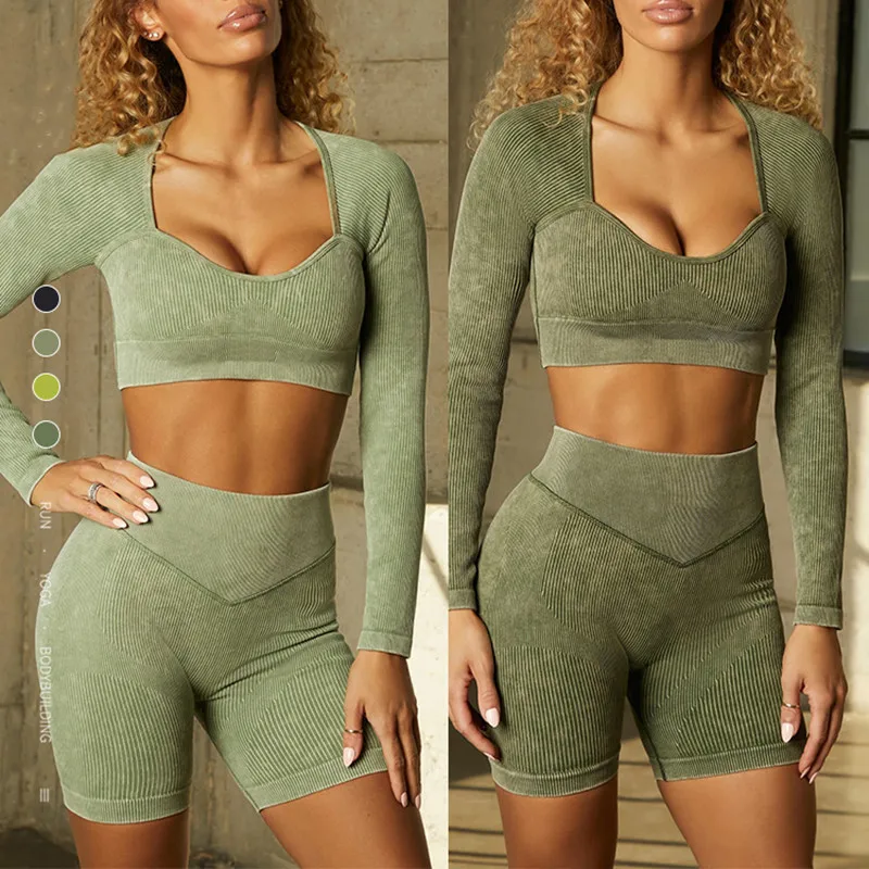 Latest Women Seamless Knitted Yoga Sets Sand Wash Workout Clothing Training Wear Gym Fitness Sets Activewear Custom LOGO