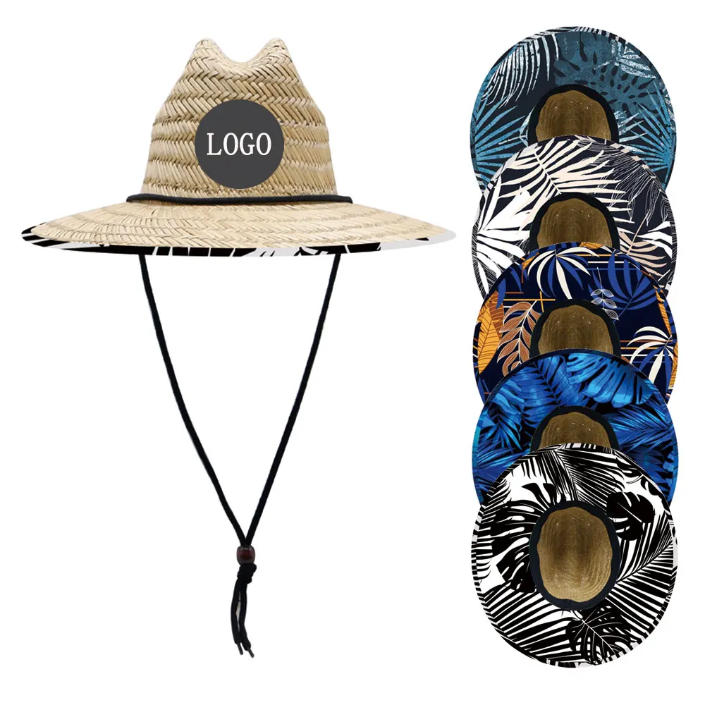 Custom Florida Tropical Palm Leafs Stylish Adult Wide Brim Beach Summer Gardening Lifeguard Straw Hat Man