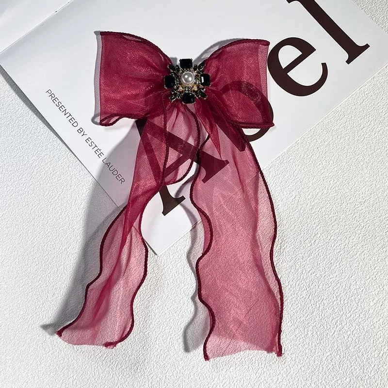 Stylish Korean Version Small Fragrant Wind Mesh Bow Tie Brooch High Grade Pearl Pin Brooches Exaggerated Black Diamond Jewelry