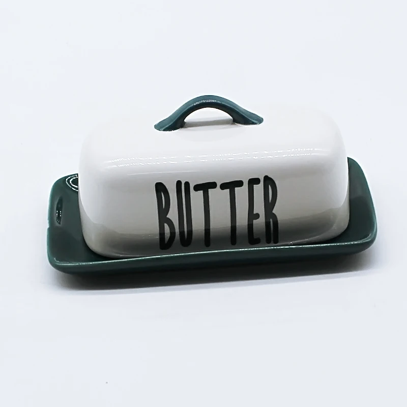 Custom body butter storage box ceramic kitchen white rectangle butter dish with lid