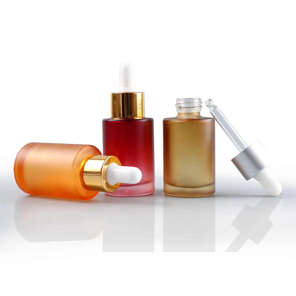 
 Beautiful 1oz colorful frosted pink yellow green flat shoulder glass serum dropper bottles 20ml 30ml 50ml 60ml  