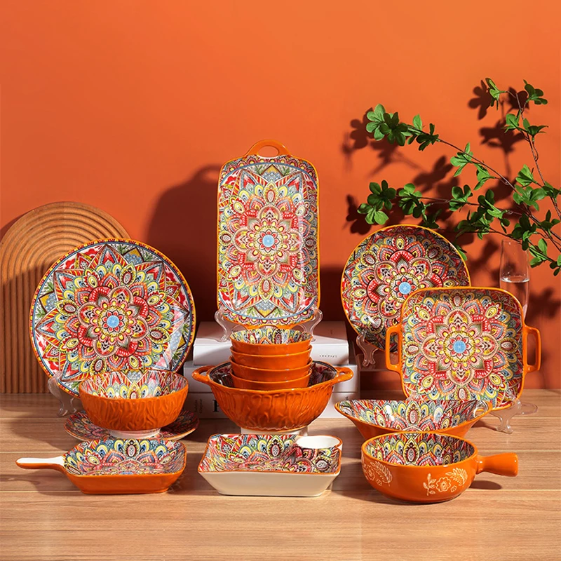 Popular Bohemia style dining dishes plates feeding bowl dinnerware sets retro ceramic dinner table set for home and kitchen