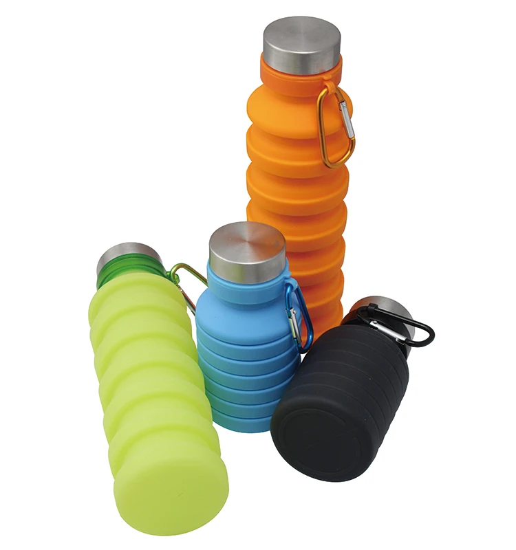 Custom Logo 18oz Outdoor Sports Bottle Collapsible Water Bottle Silicone Foldable Water Bottles with Carabiner