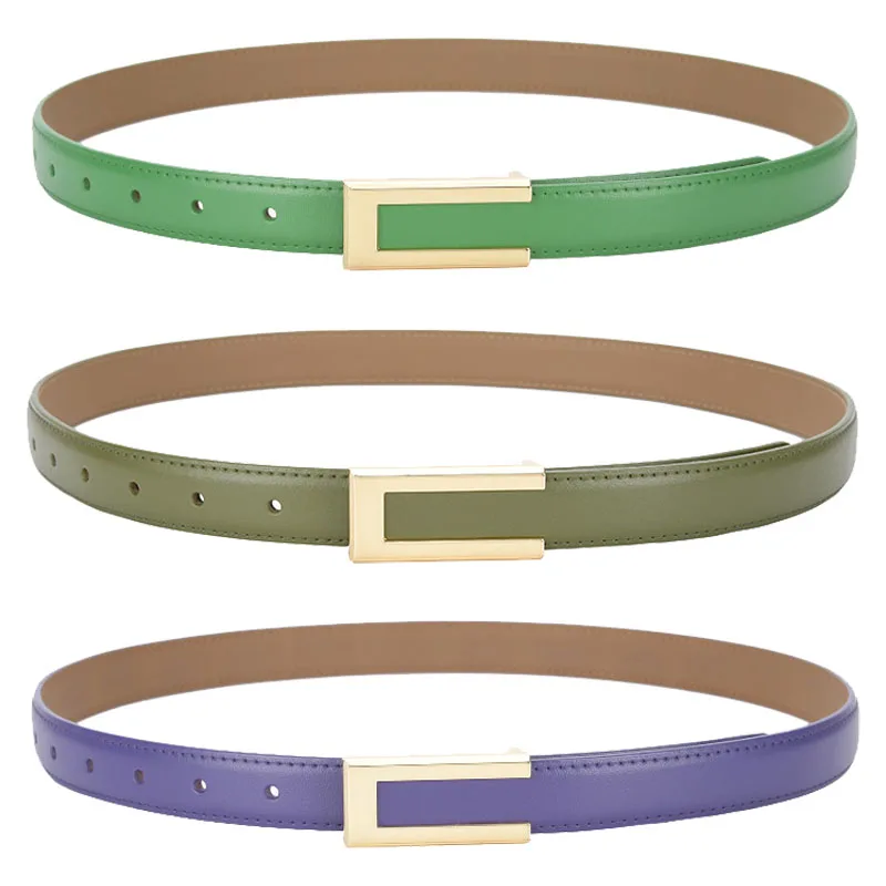 REWIN Fashion 2.4cm Width Skinny Ladies Thin Waist Belts Genuine Cow Leather Belts with Gold Buckle for Dresses Jeans Pants