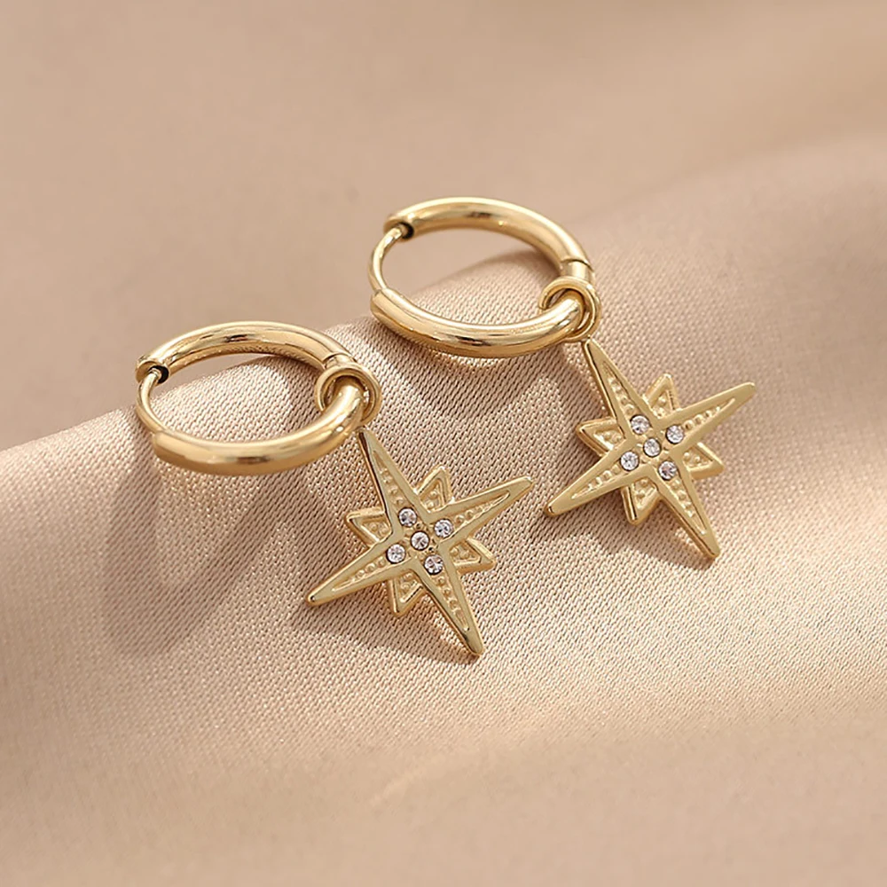 Gold Plated Stars Earring Hoops, Star Earrings Gold Plated Dangle Earrings Star