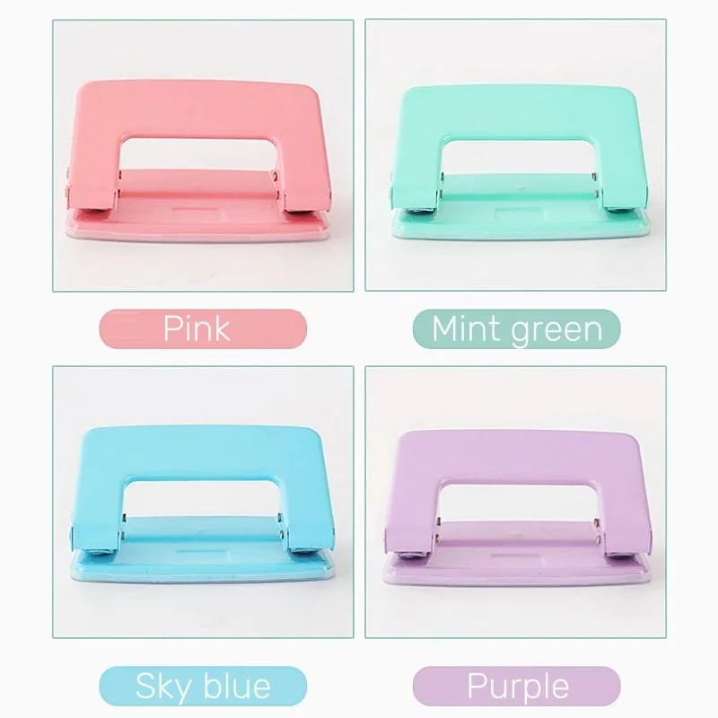 Macaron Color 10 Sheet Two Hole Reinforced Metallic Hole Punch with Waste Container Wholesale Manufacturer for School and Office