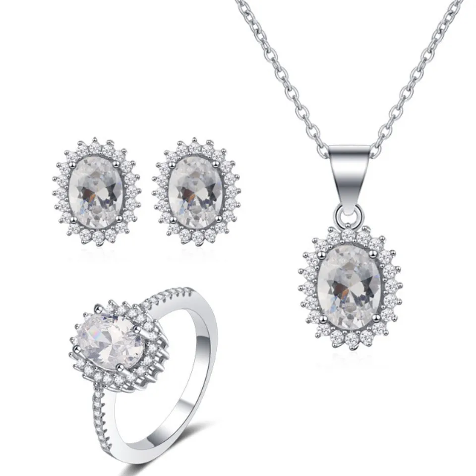Melynn oval shape iced out jewelry bridal jewelry zirconia silver 925 set jewelry set women necklace earring ring set