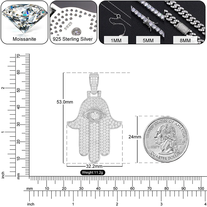 In Stock Dropshipping Hip Hop Jewelry 925 Sterling Silver VVS Moissanite Diamond Iced Out Hamsa Hand Pendant For Men Women