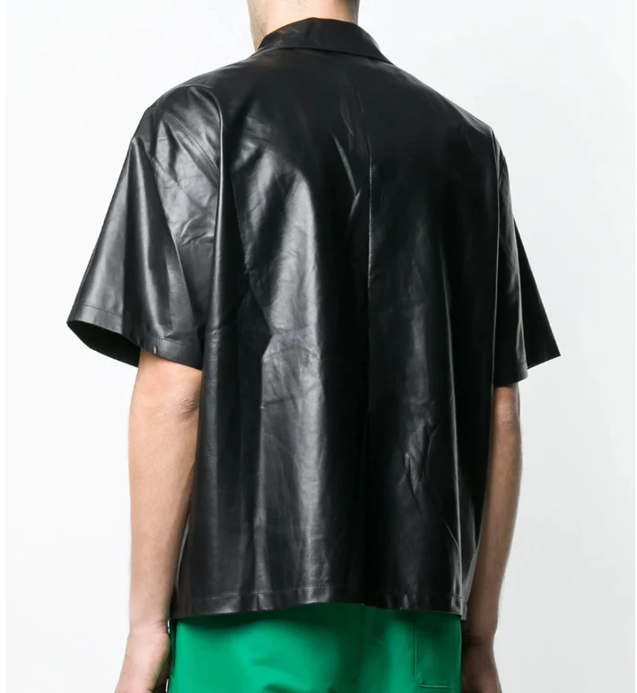 Custom Fashion High Quality Shirts Men Black Short Sleeve Leather Button Up Shirt for Men